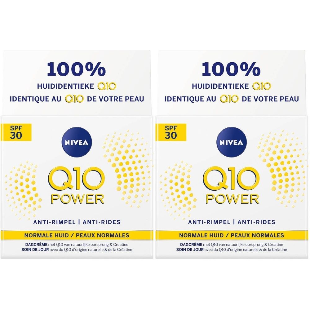 Deux pots de crème Nivea Q10 Power avec SPF 30 pour peaux normales.
