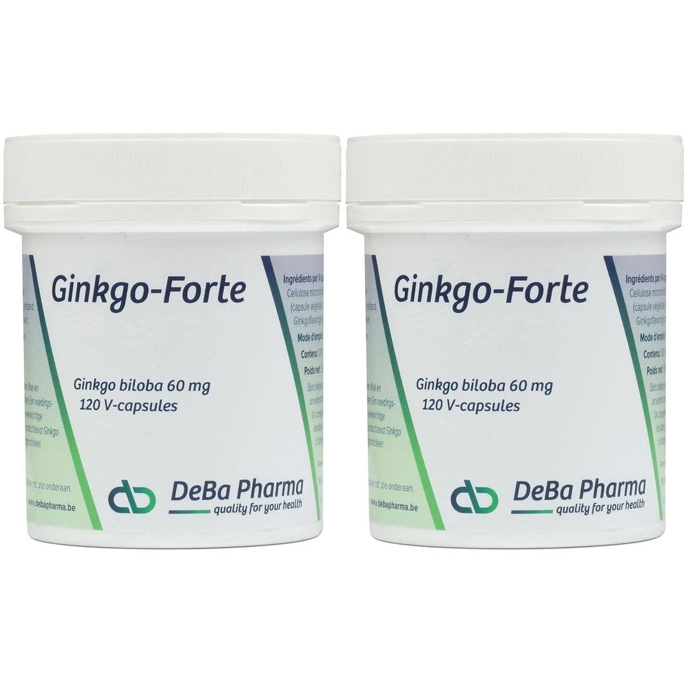 Twee witte potten met deksels. Opschrift: Ginkgo-Forte, Ginkgo biloba 60 mg, 120 V-capsules. Logo DeBa Pharma.