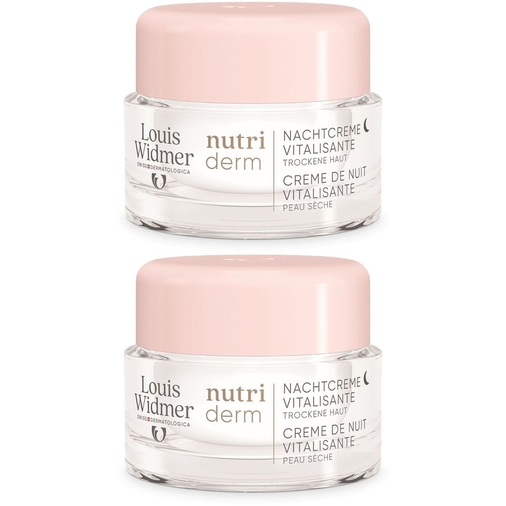 Deux pots de crème de nuit Louis Widmer Nutriderm. Récipients en verre avec couvercles roses. Inscription: Louis Widmer, Nutriderm, Crème de nuit, Peau sèche.