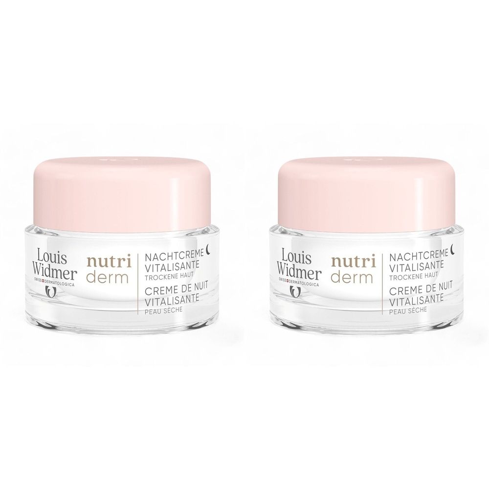 Twee potjes Louis Widmer Nutriderm nachtcrème. Glazen potjes met roze deksels. Opschrift: Louis Widmer, Nutriderm, Vitaliserende nachtcrème, Droge huid.
