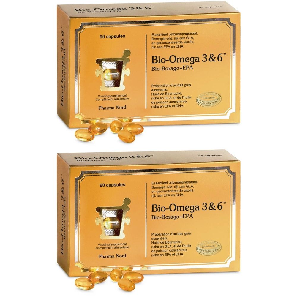 Twee goudkleurige dozen Bio-Omega 3&6 met capsules. 90 capsules. Pharma Nord logo. Met zegel.