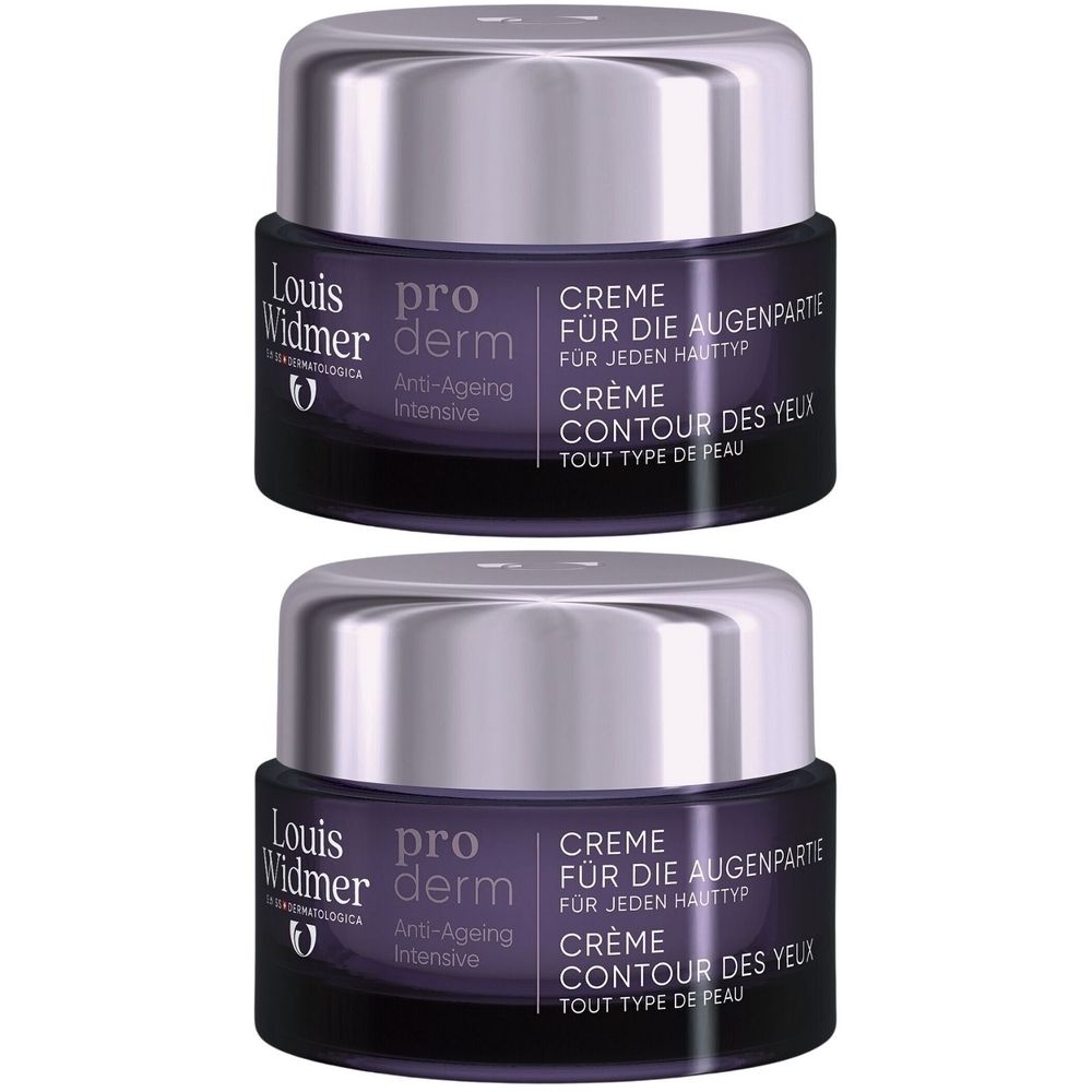 Deux pots de crème pour les yeux. Pot violet foncé avec couvercle argenté. Inscription: Louis Widmer Proderm, Crème contour des yeux, Anti-âge.