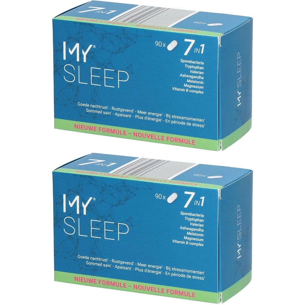Twee dozen met "MY SLEEP". Blauwe verpakking met witte en groene accenten. Bevat 90 tabletten en 7 ingrediënten.