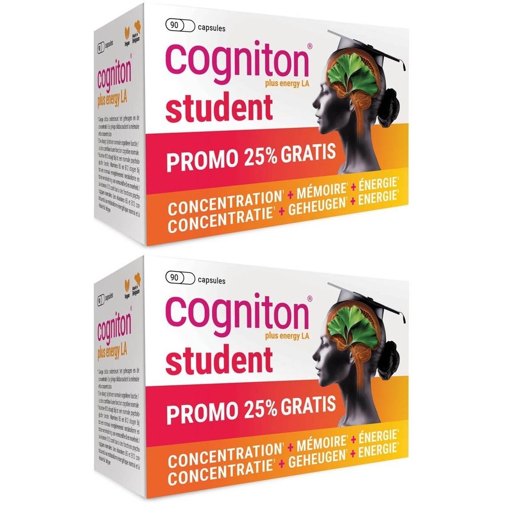 Twee dozen Cogniton Student. Verpakking met productnaam, promotietekst en illustratie van een brein. Linksboven: 90 capsules.