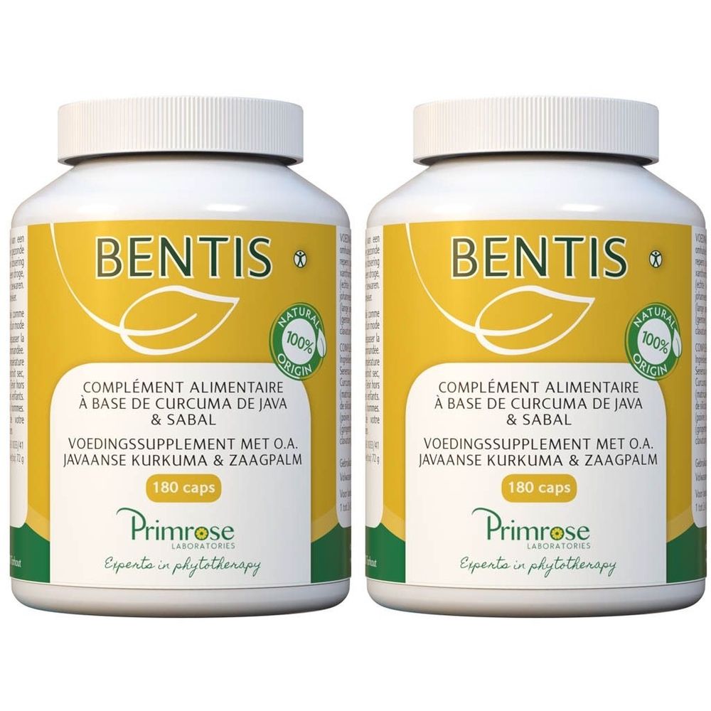 Twee witte flessen met gele etiketten. Opschrift: BENTIS, 180 capsules. Primrose Laboratoires.
