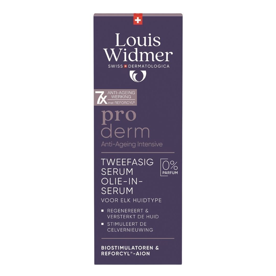 Deux flacons de sérum Louis Widmer Proderm. Autocollant jaune avec texte 1+1. Texte: Sérum 2 phases huile-en-sérum.