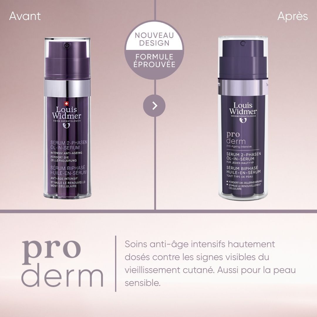 Emballage du sérum Louis Widmer Proderm. Boîte violette avec texte: Sérum 2 phases huile-en-sérum. 0% Parfum.