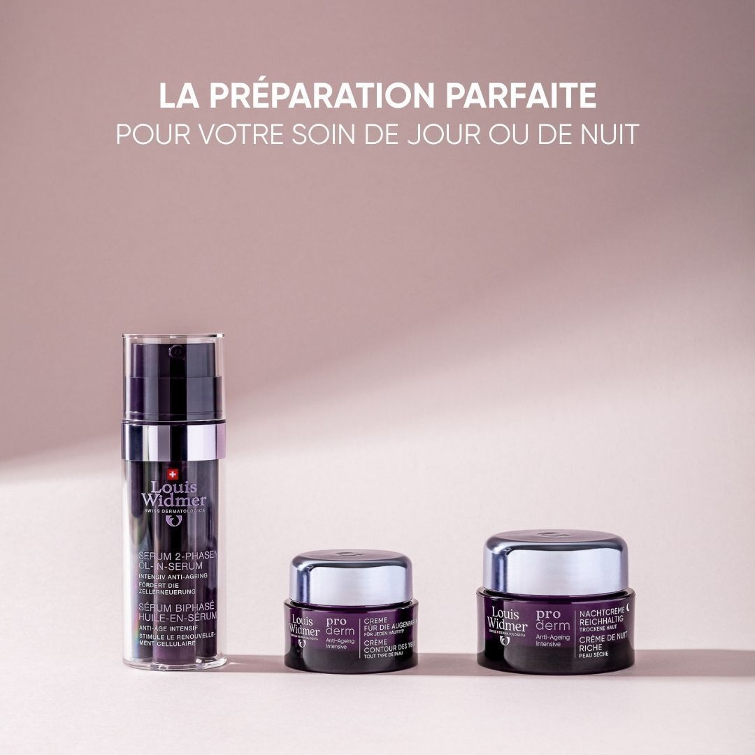Flacon de sérum Louis Widmer Proderm. Texte: Sérum 2 phases huile-en-sérum. Texte: Acide hyaluronique, Reforcyl-Aion.