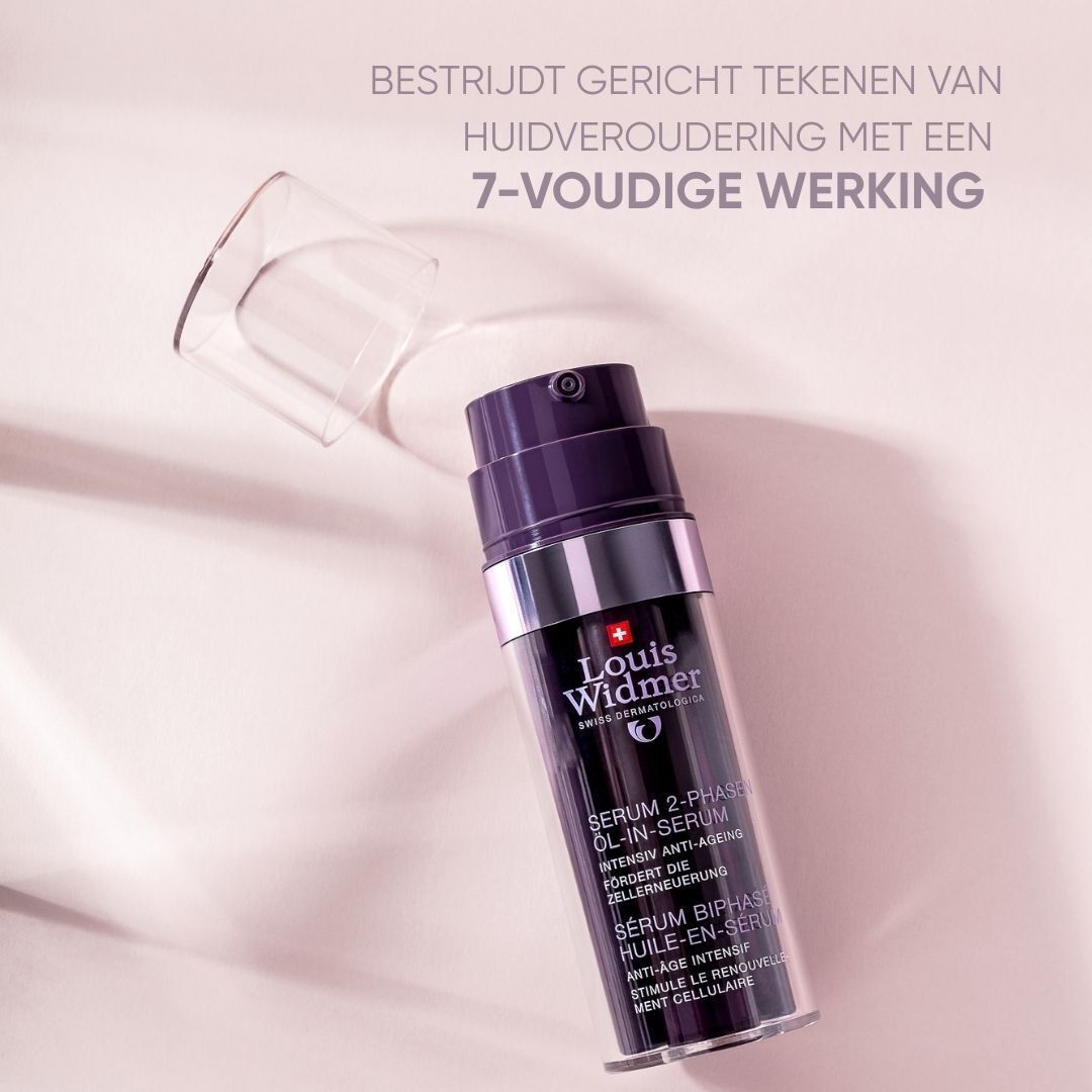 Drie Louis Widmer producten. Serum, oogcrème, nachtcrème. Tekst: Serum 2-fasen olie-in-serum.