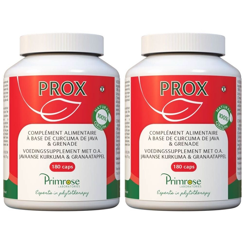 Twee witte pillenpotten met rood etiket. Opschrift: PROX, 180 capsules. Primrose Laboratories.