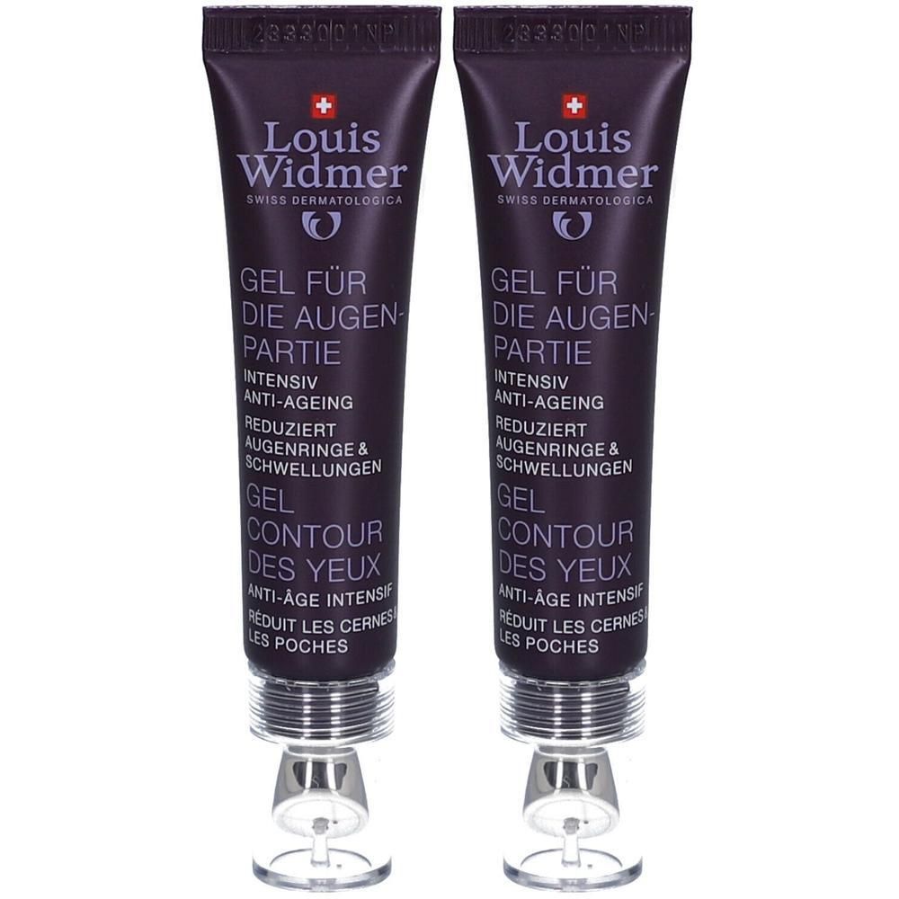 Zwei Tuben Louis Widmer Gel für die Augenpartie. Dunkelviolette Tuben mit silbernen Verschlüssen und Roll-on-Applikatoren. Text in Deutsch und Französisch.