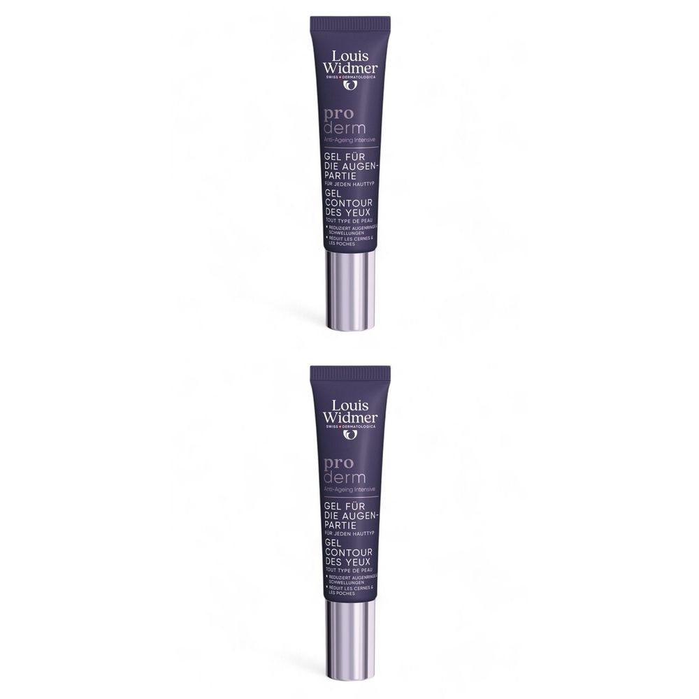 Twee tubes Proderm gel voor de oogcontour. Donkerviolette tubes met zilveren doppen. Tekst in het Duits en Frans.