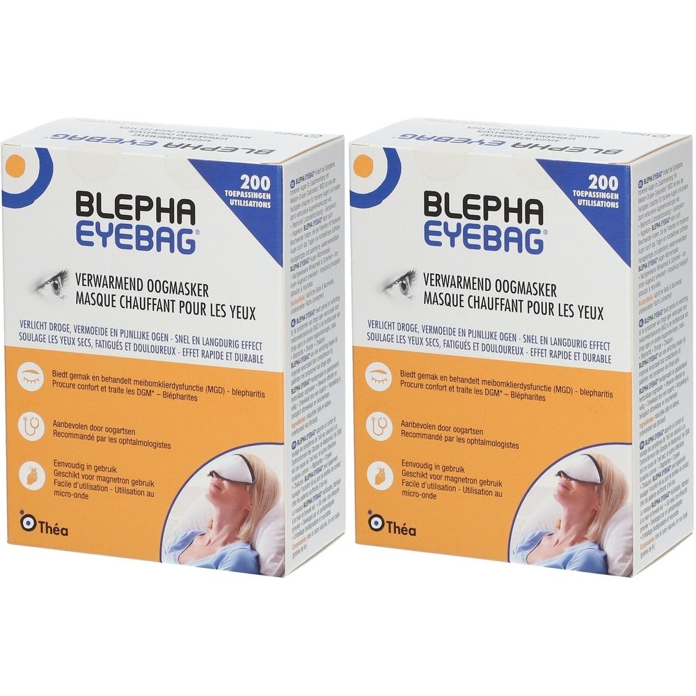 Deux boîtes de masques oculaires chauffants Blepha Eyebag, 200 applications.