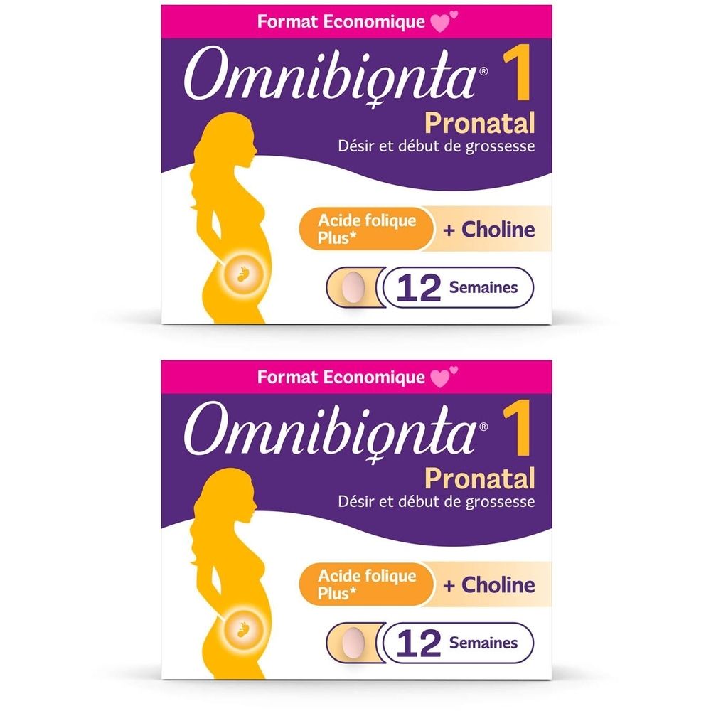 Deux boîtes d'Omnibionta 1 Pronatal. Inscription : Acide folique Plus + Choline, pack de 12 semaines. Silhouette d'une femme enceinte.