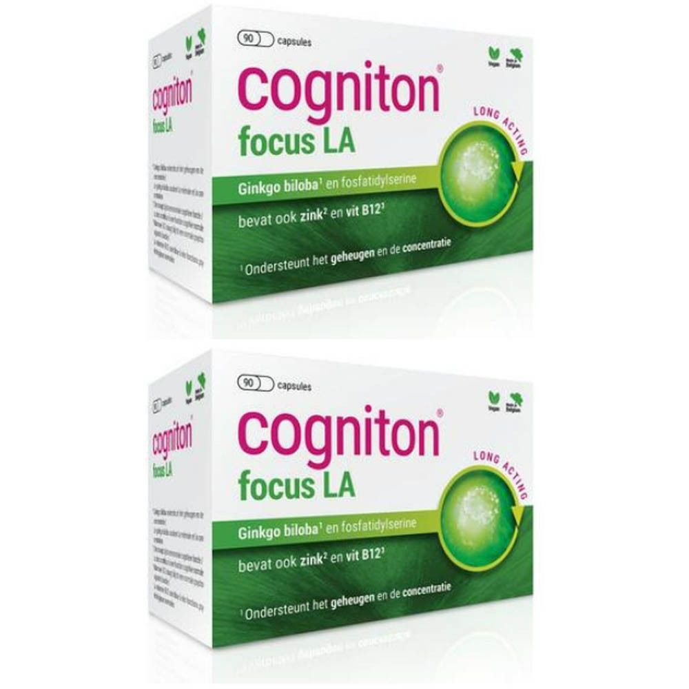 Twee dozen Cogniton focus LA. Witte verpakking met productnaam en informatie. Groen-witte afbeelding.