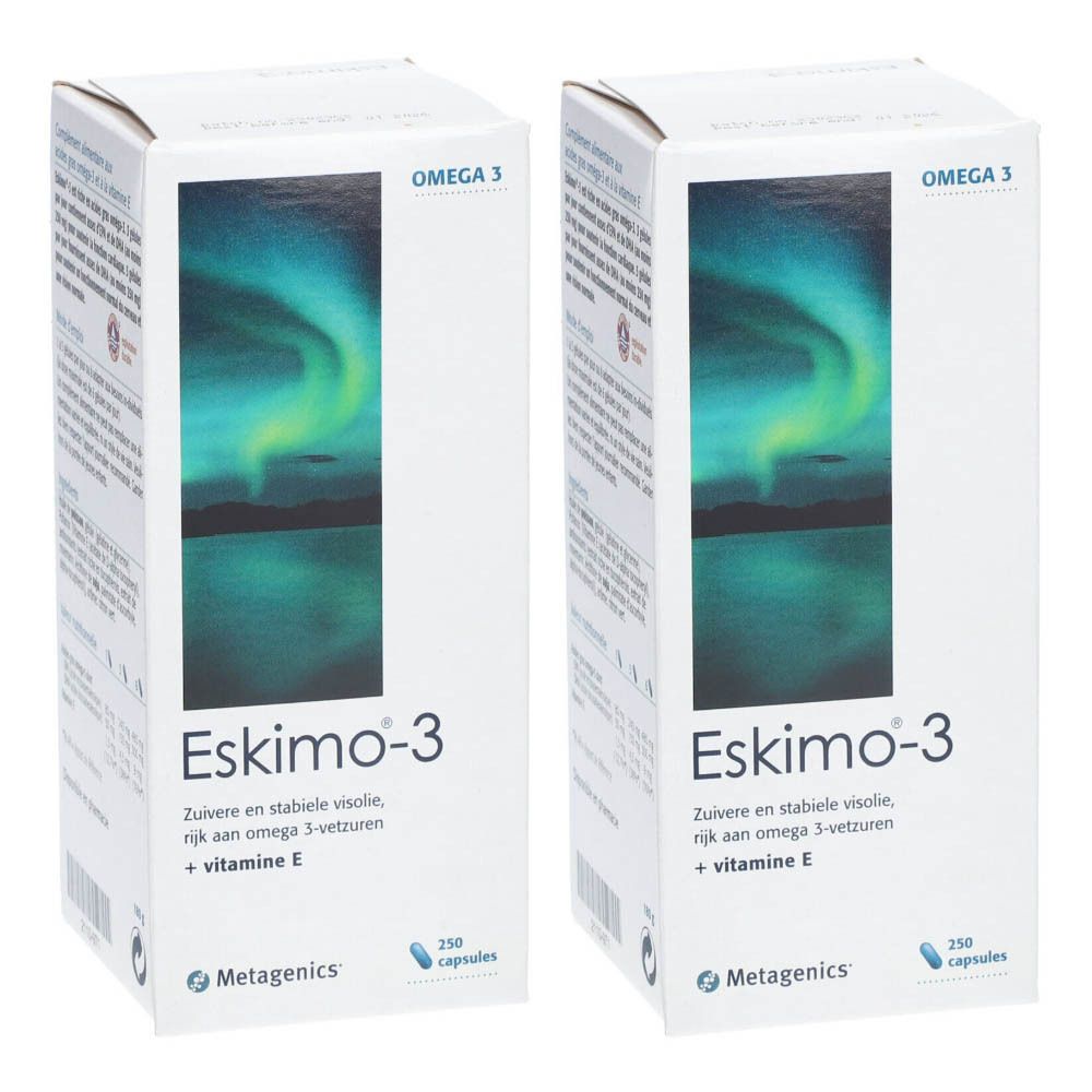 Twee dozen Eskimo-3, omega-3 supplement. Witte verpakking met blauwgroen ontwerp en tekst.
