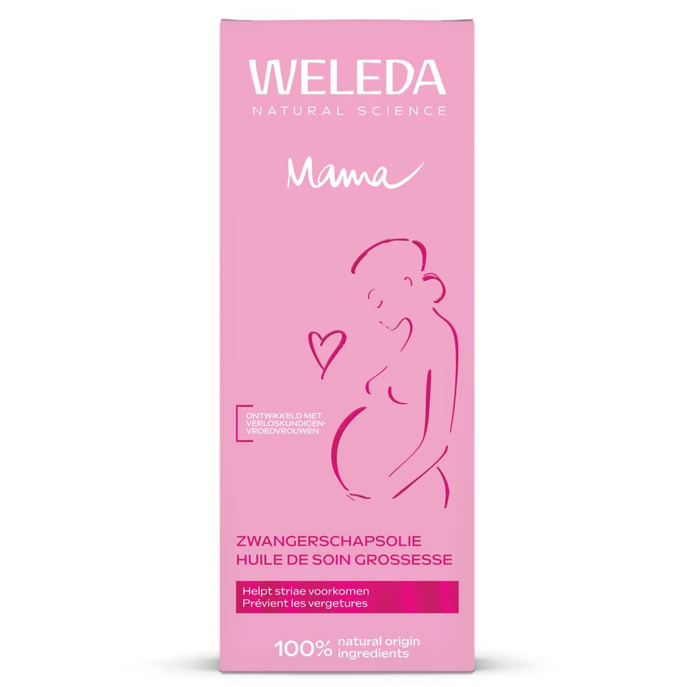 Verpackung Weleda Schwangerschaftsöl. Rosa Vorderseite mit schwangerer Silhouette und Siegel '100% natürliche Inhaltsstoffe'.