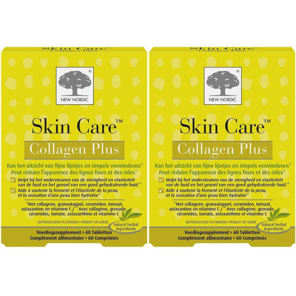 Twee gele dozen met "Skin Care Collagen Plus" logo. Tekst in het Duits, Frans en Nederlands. Bevat 60 tabletten.