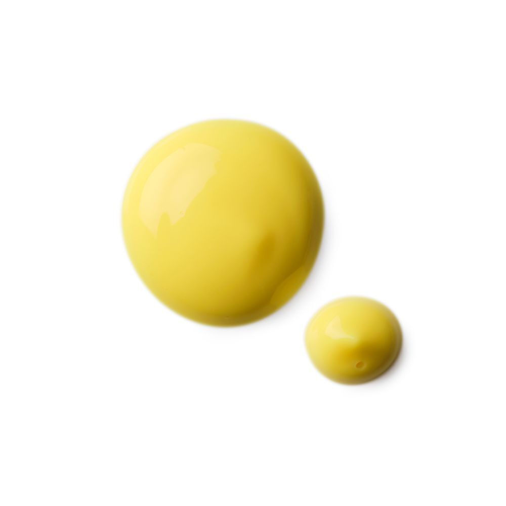 Zwei gelbe Tropfen auf weißem Hintergrund. Der kleinere Tropfen befindet sich neben dem größeren.