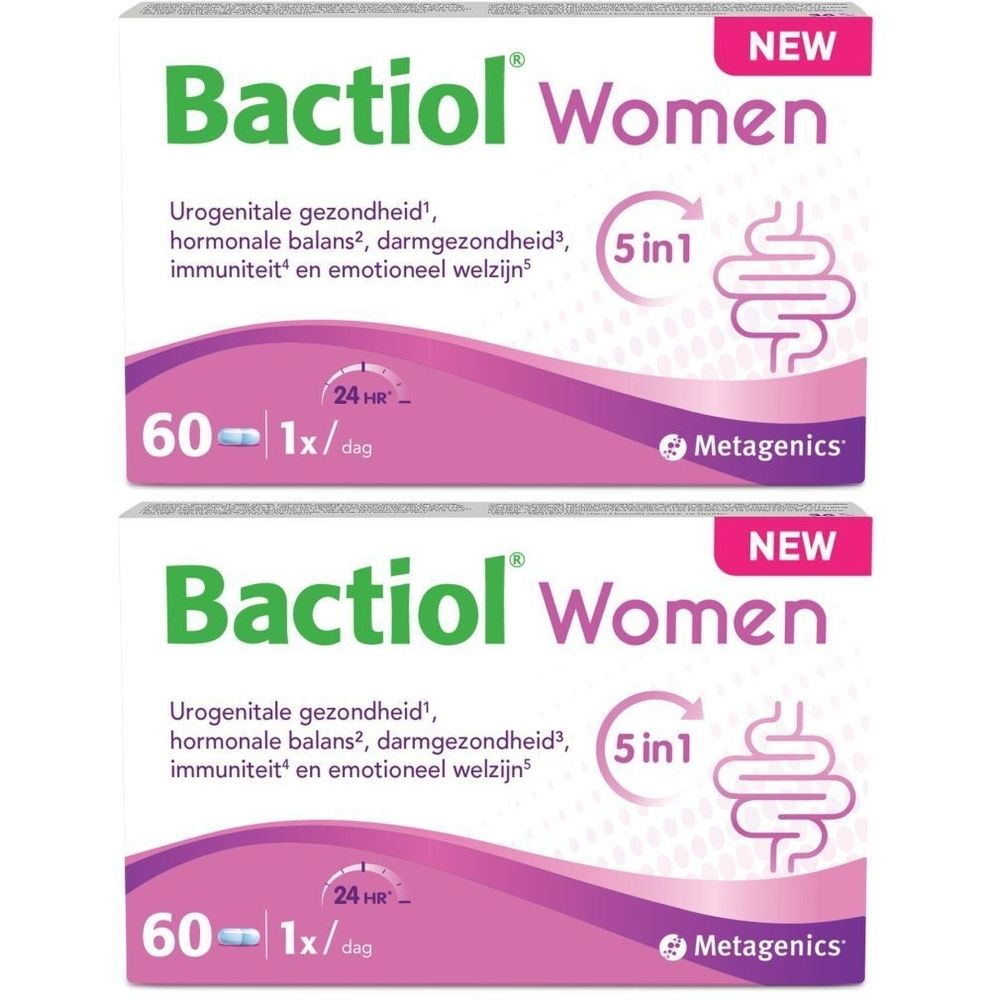 Twee verpakkingen Bactiol Women. Witte dozen met roze accenten en Nederlandse tekst. 5 in 1 logo en 60 tabletten.