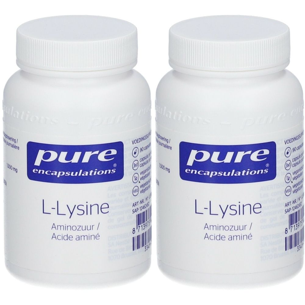 Deux flacons blancs avec étiquettes bleues. Inscription: pure encapsulations L-Lysine. Acide aminé.