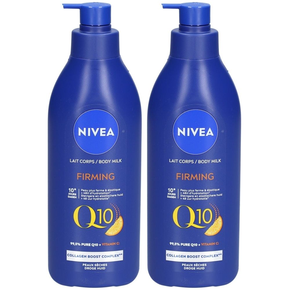 Deux flacons Nivea Lait Corps Fermeté Q10 avec pompe.