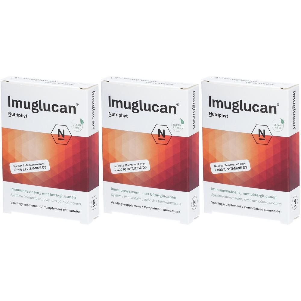 Drei Schachteln Nutriphyt Imuglucan. Weiße Verpackung mit Logo und Text. Roter und orangener Hintergrund. N-Logo.