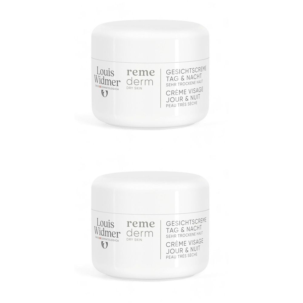 Twee witte crèmetiegels met deksels. Opschrift: Louis Widmer, Remederm Dry Skin. Gezichtscrème dag & nacht.