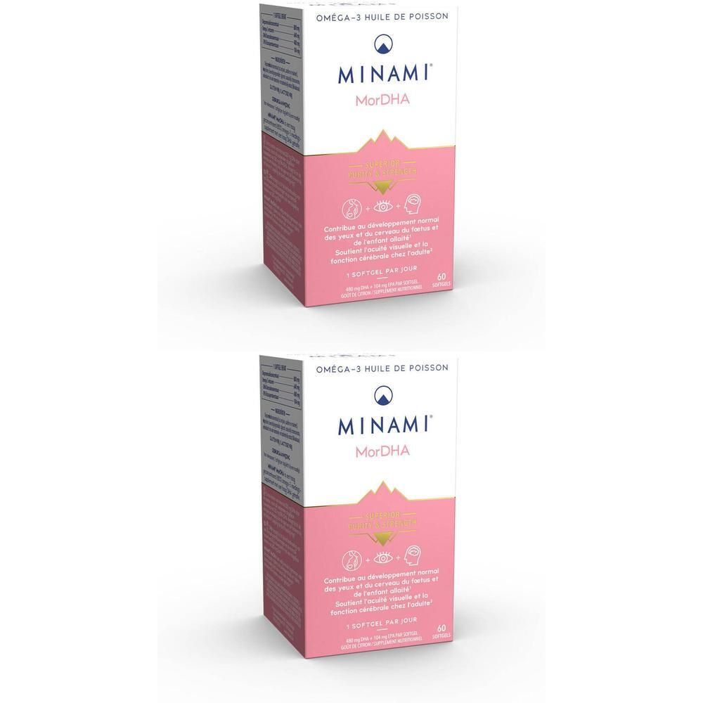 Zwei Packungen Omega-3 Fisch Öl. Rosa-weiße Verpackung mit Text: MINAMI MorDHA. Oben: Omega-3 huile de poisson.