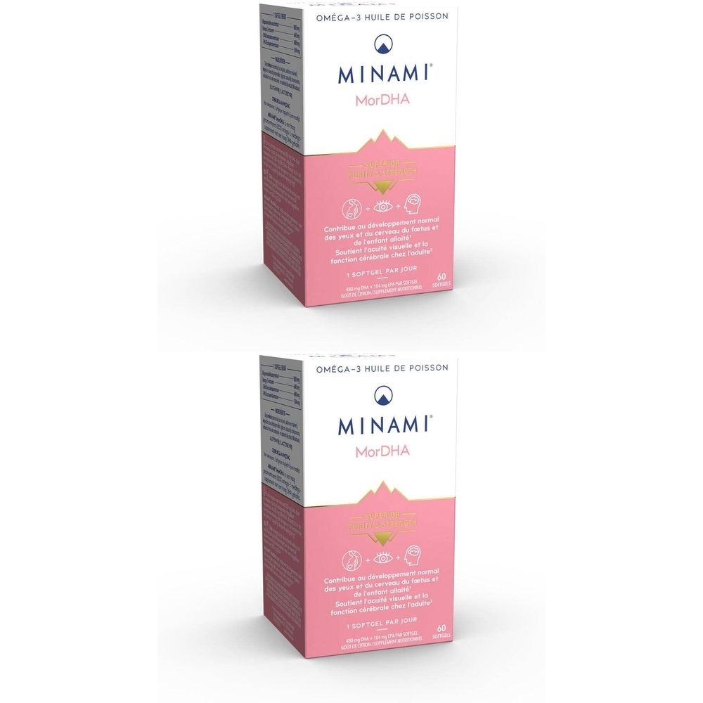 Deux boîtes de MorDHA. Emballage rose et blanc. Texte: MINAMI MorDHA. En haut: Oméga-3 huile de poisson.