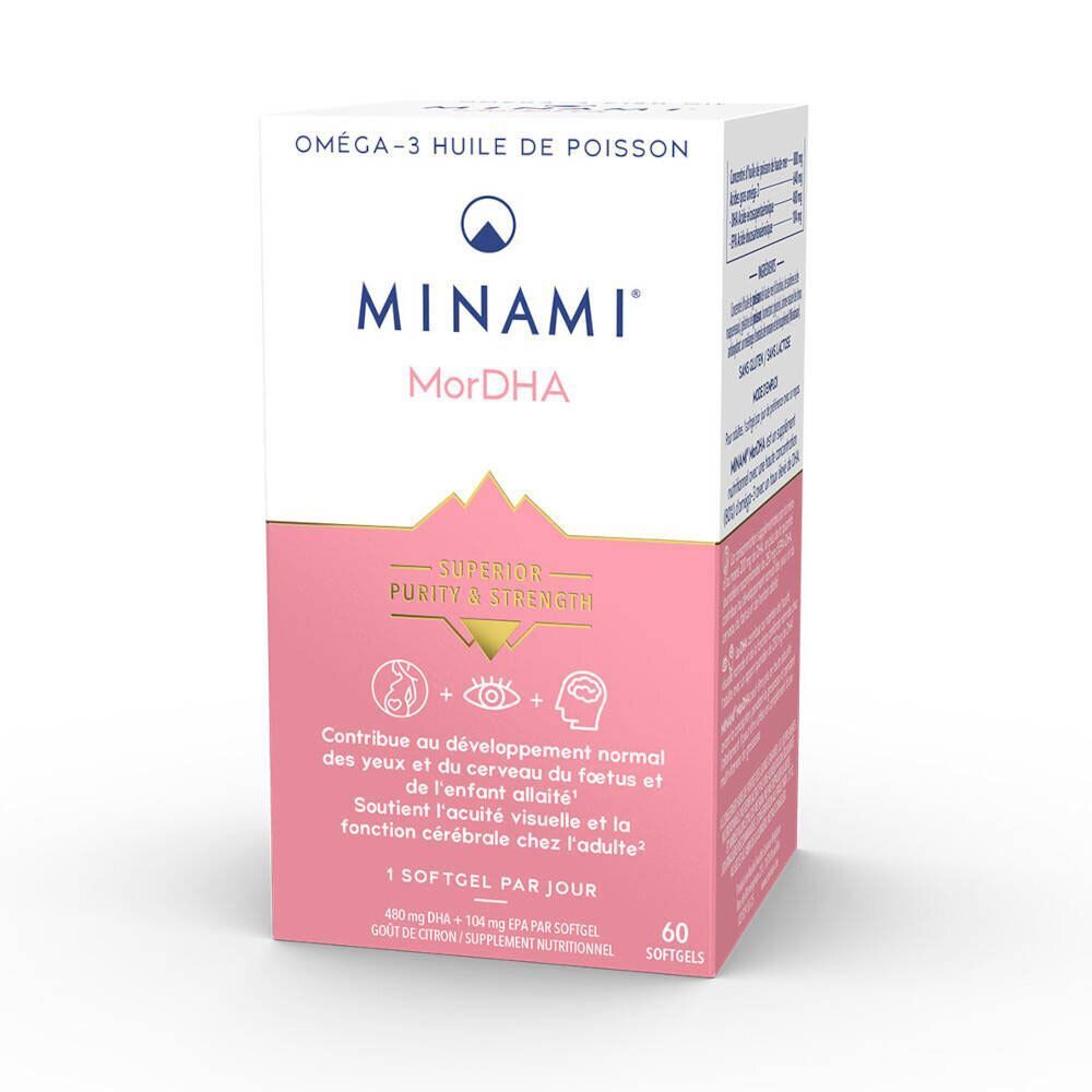 Doos MorDHA. Roze en witte verpakking. Tekst: MINAMI MorDHA. Boven: Omega-3 huile de poisson. 60 softgels.