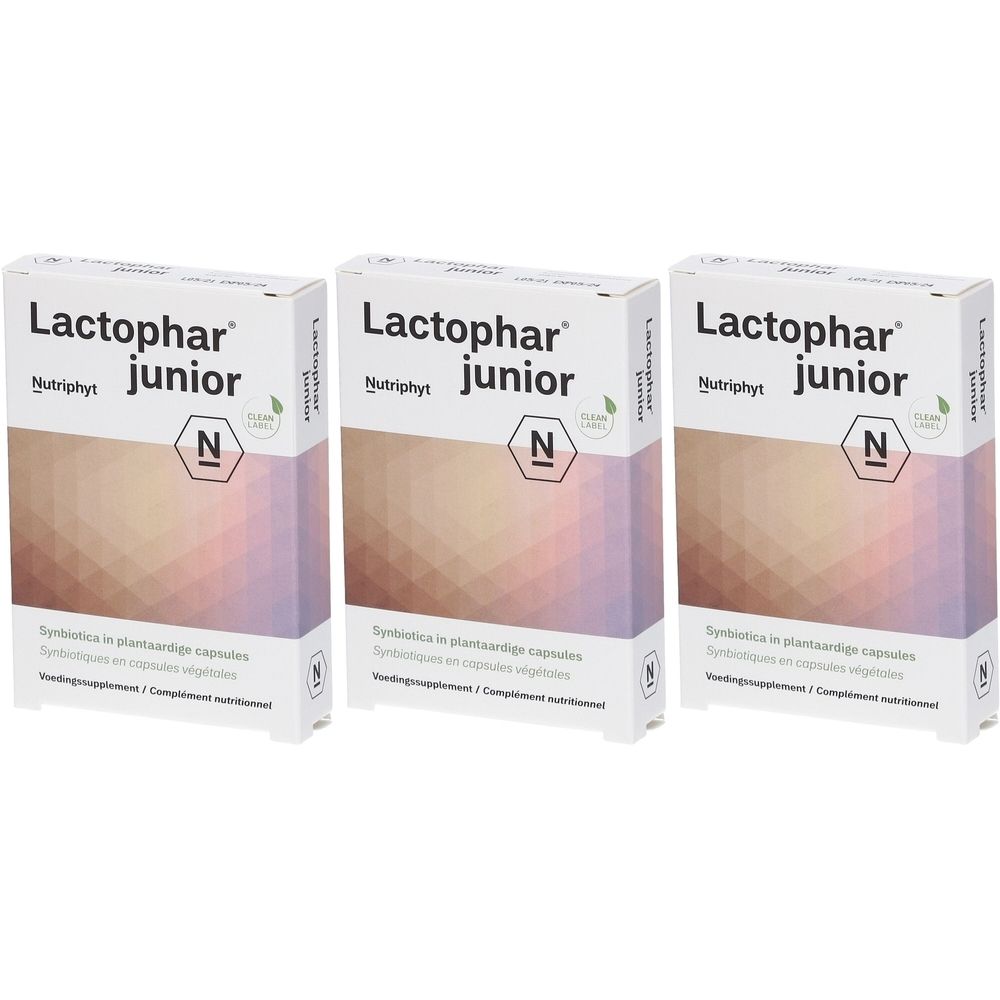 Trois boîtes de Lactophar junior. Inscription Lactophar junior, Nutriphyt, logo N, Clean Label. Symbiotiques en gélules végétales.