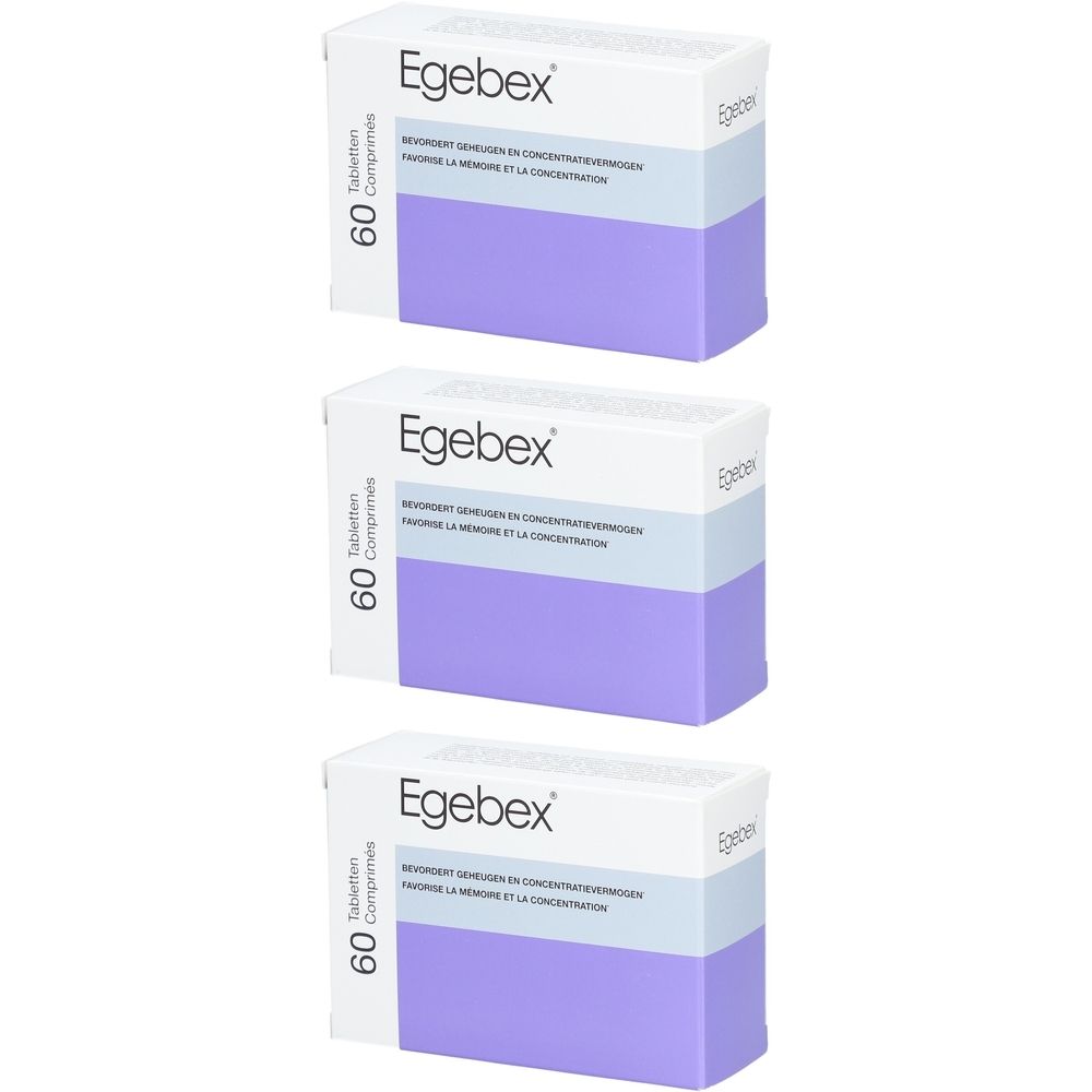 Trois boîtes Egebex. Boîtes blanches avec bandes violettes et bleu clair. Inscription : 60 comprimés.