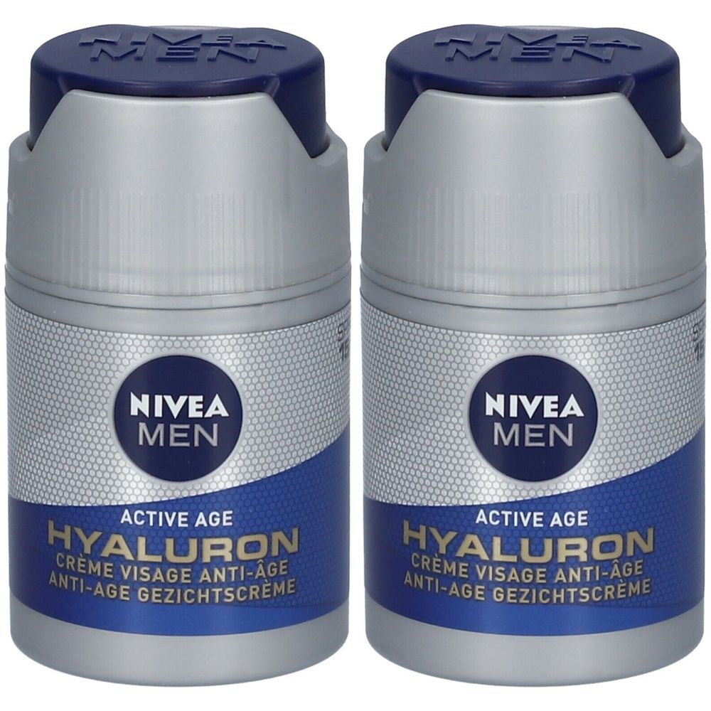 Twee potjes NIVEA Men Active Age Crème Visage Anti-âge SPF15. Blauwe deksels, zilveren containers, blauwe tekst.