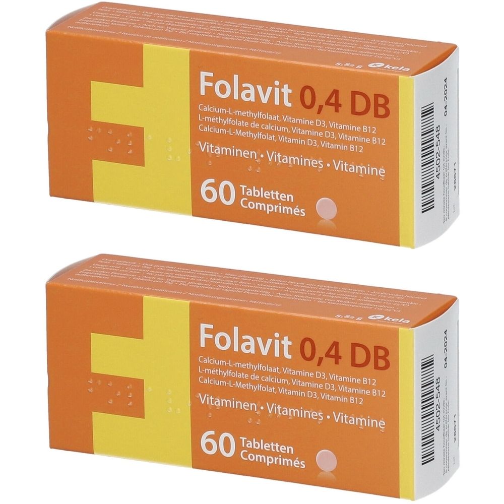Twee dozen Folavit 0,4 DB. Oranje verpakking met gele 'E'. Bevat 60 tabletten. Opschrift: Vitaminen.