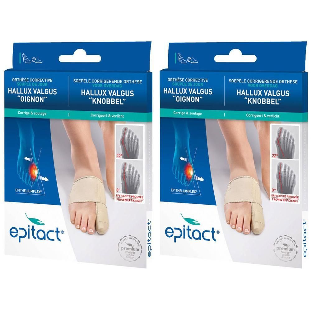 Zwei Packungen Epitact Hallux Valgus Orthèse. Beige Bandage mit Zehenschutz. Aufdruck mit Produktname und Fußabbildung.