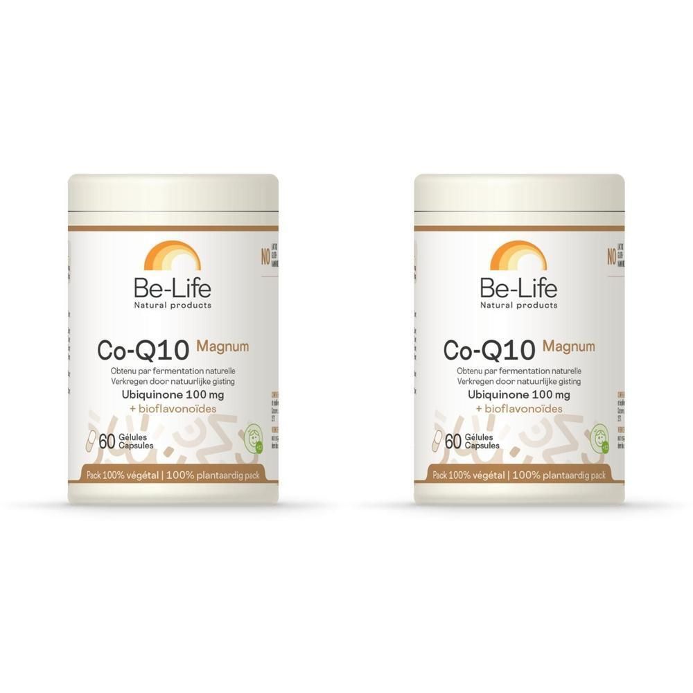Zwei weiße Behälter mit Etiketten. Aufschrift: Be-Life Co-Q10 Magnum Ubichinon 100mg. 60 Kapseln.