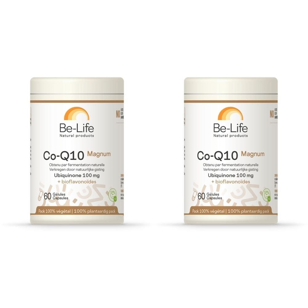 Deux flacons blancs avec étiquettes. Inscription: Be-Life Co-Q10 Magnum Ubichinon 100mg. 60 gélules.