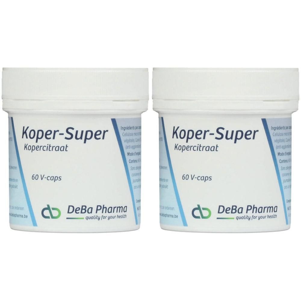 Zwei weiße Behälter mit der Aufschrift "Koper-Super". Darunter "60 V-caps" und das Logo von DeBa Pharma.