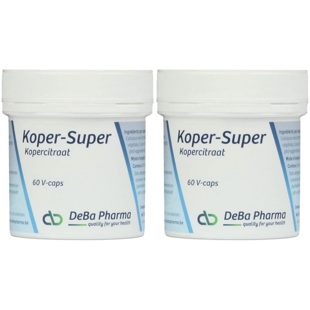 Twee witte potten met "Koper-Super". Daaronder "60 V-caps" en het logo van DeBa Pharma. Ingrediënten zichtbaar.