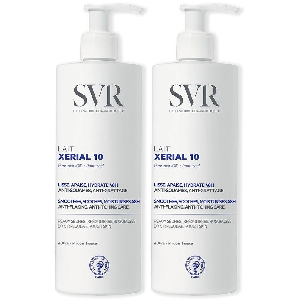 Twee witte flessen SVR XERIAL 10 Lait met pomp. Opschrift: SVR, XERIAL 10, Lait, 48u hydratatie.
