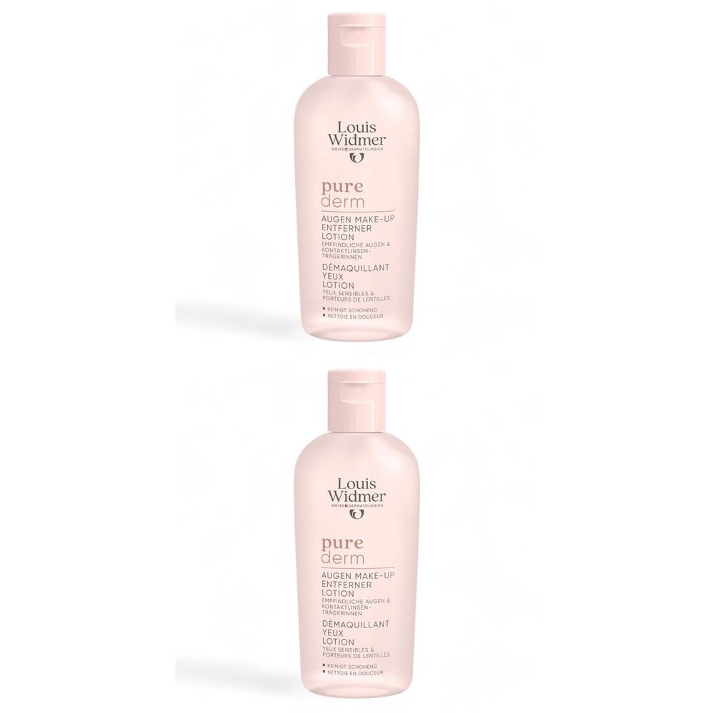 Twee flessen Louis Widmer Purederm oog make-up remover lotion. Roze flessen met roze dop. Tekst: Purederm, oog make-up remover.