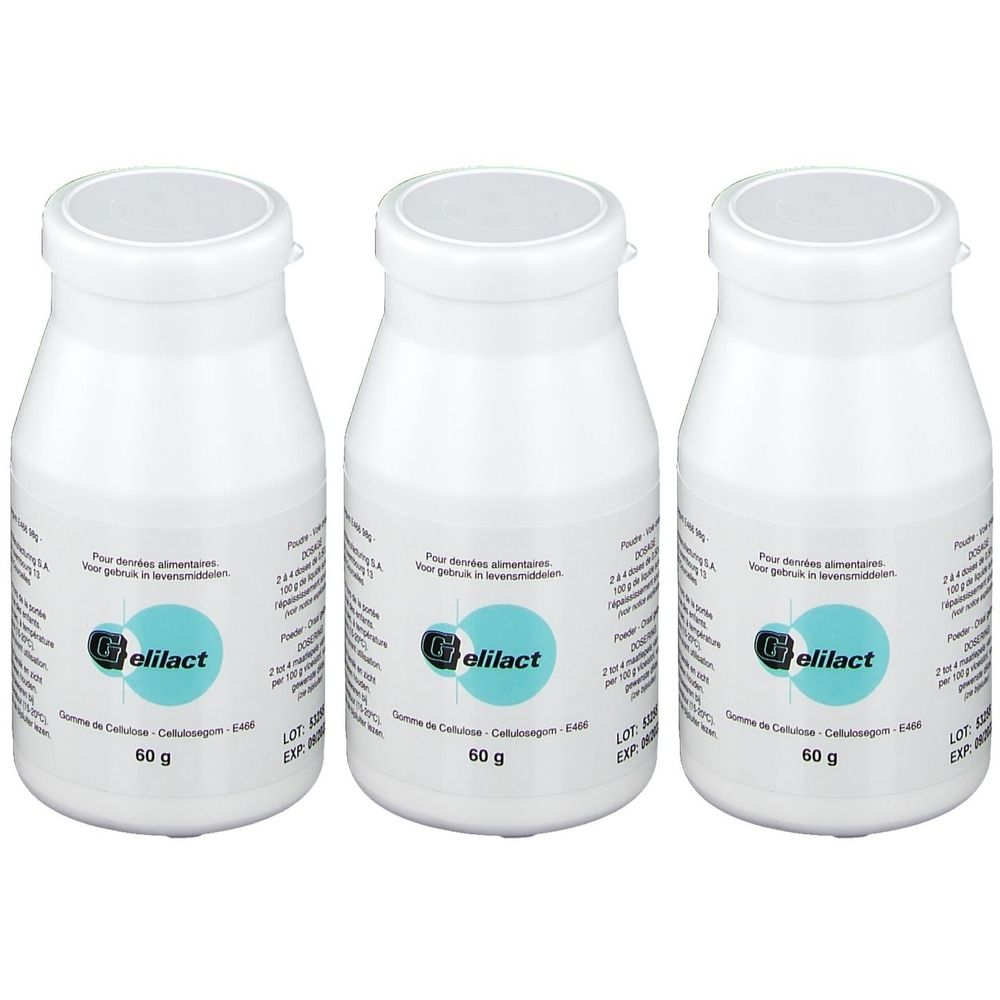 Trois flacons blancs avec couvercles. Chaque flacon porte l'inscription "Gelilact" et "60 g". Texte en plusieurs langues.