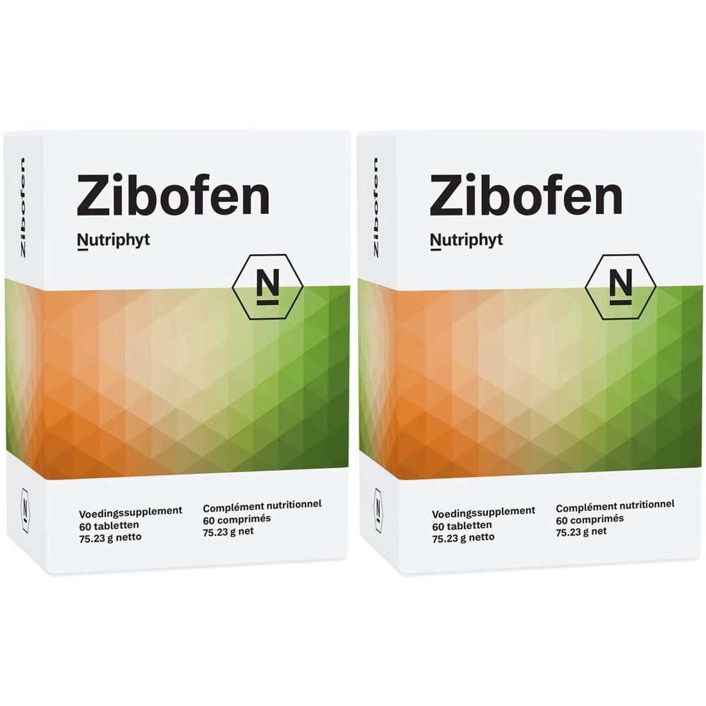 Twee dozen met Zibofen Nutriphyt. Voedingssupplement, 60 tabletten. Oranje en groene achtergrond.