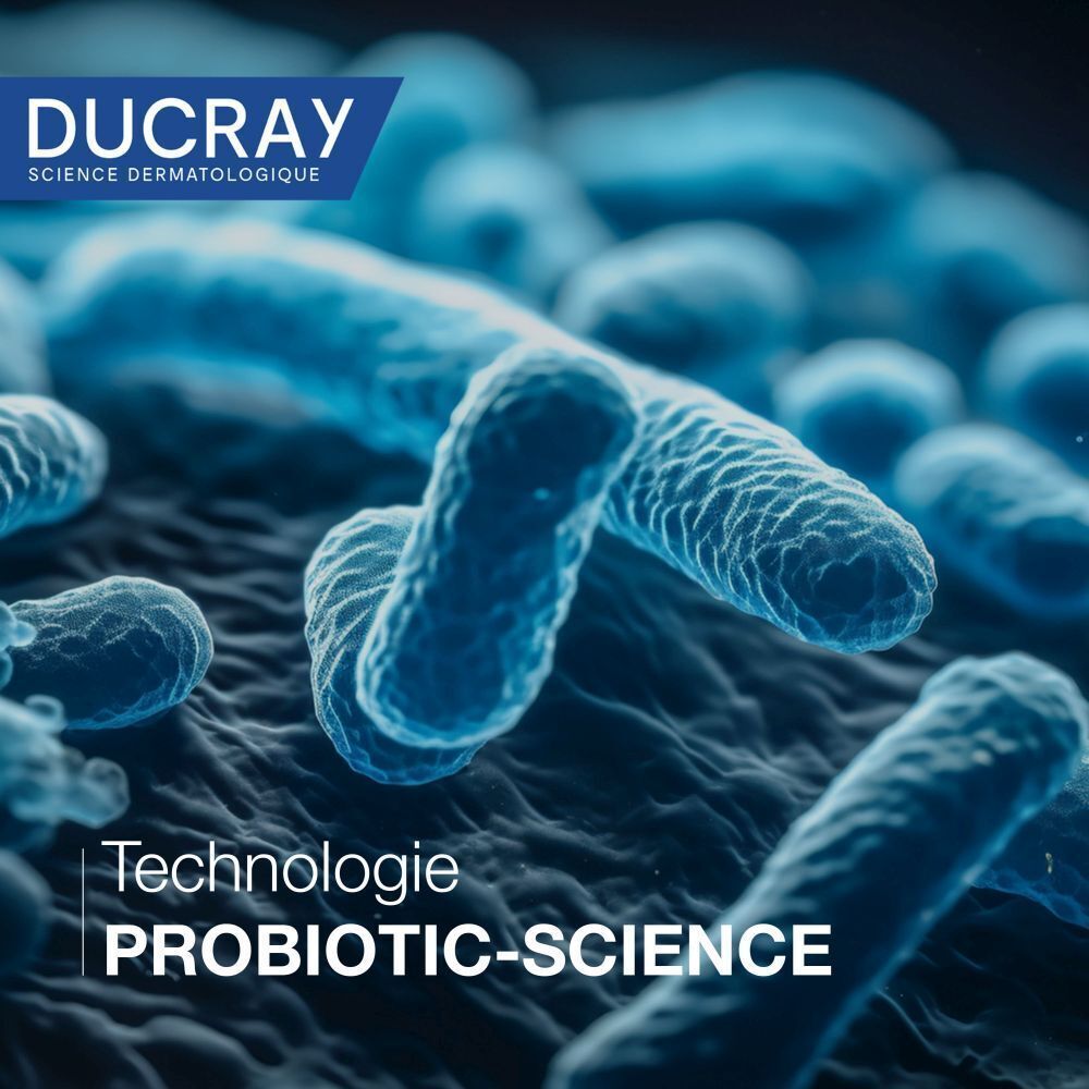 Microscopische weergave van bacteriën. Tekst: "Technologie PROBIOTIC-SCIENCE".