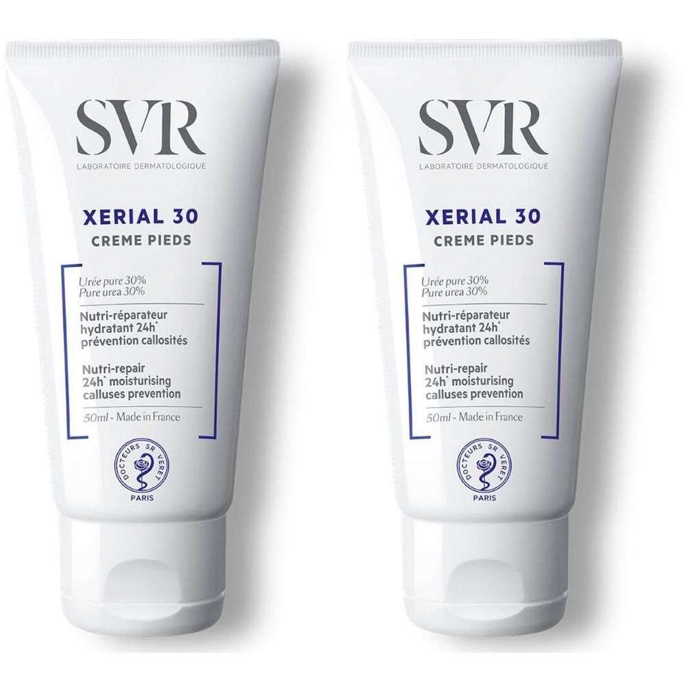 Zwei Tuben SVR XÉRIAL 30 Fußcreme. Weiße Tuben mit blauer Schrift. Text: XÉRIAL 30, Creme Pieds, Nutri-réparateur, 24h Feuchtigkeit.