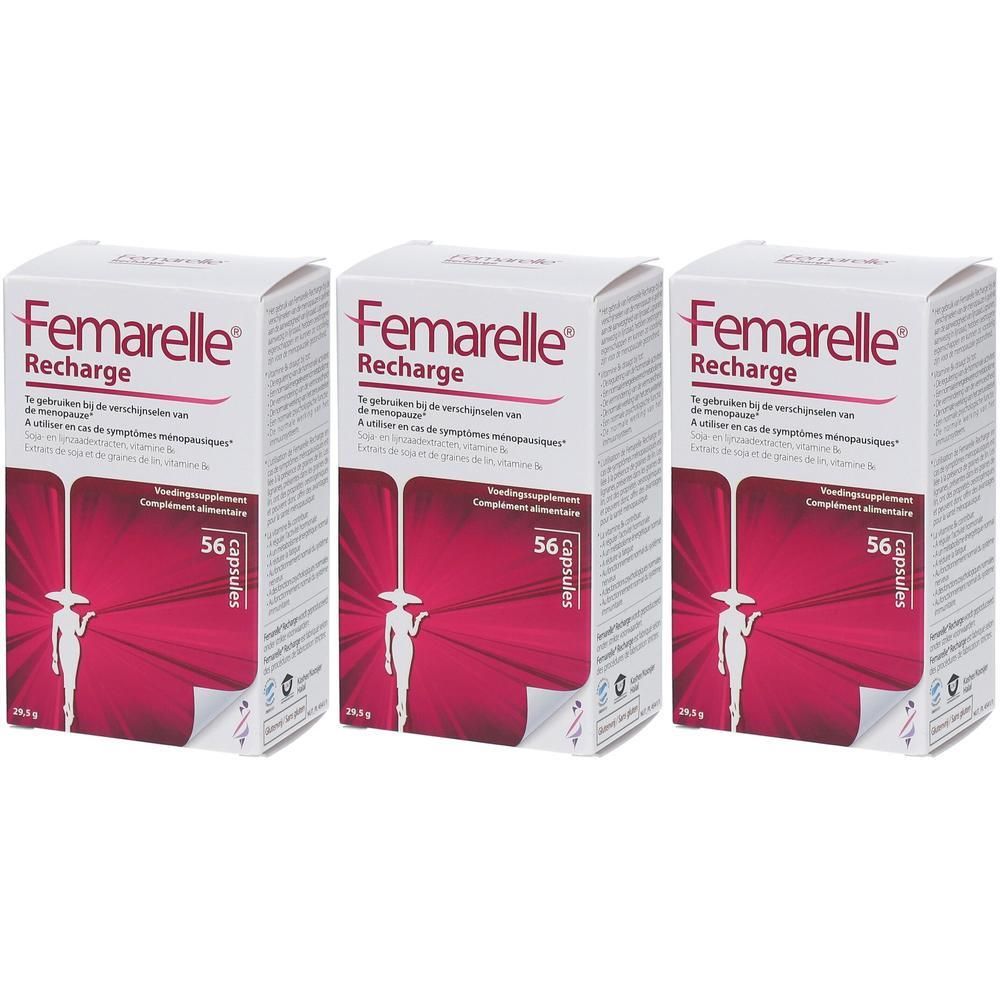 Drei Schachteln Femarelle® Recharge. Weiße Verpackung mit rotem Akzent. Aufdruck: Produktname, 56 Kapseln.