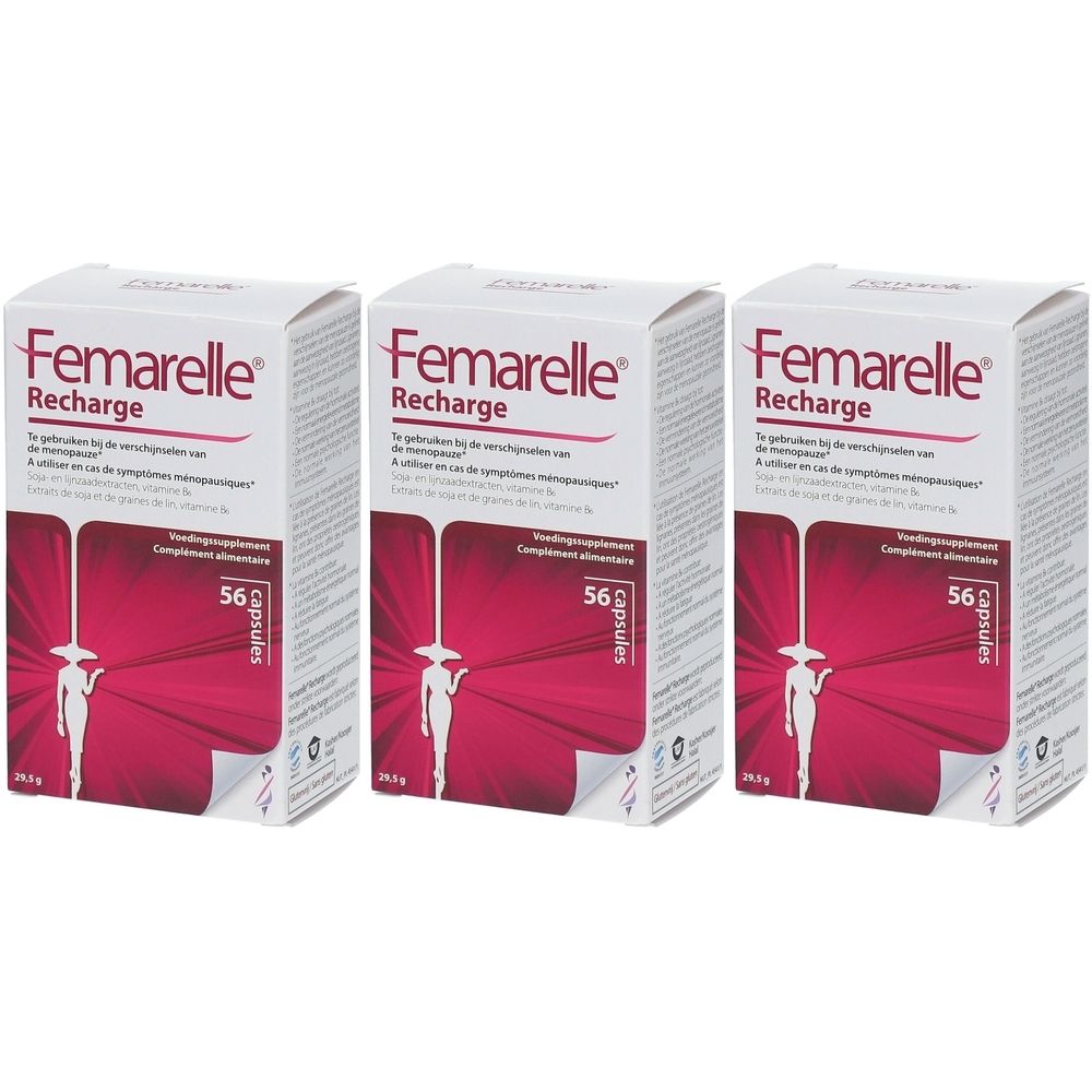 Drie dozen Femarelle® Recharge. Witte verpakking met rode accenten. Opschrift: productnaam, 56 capsules.