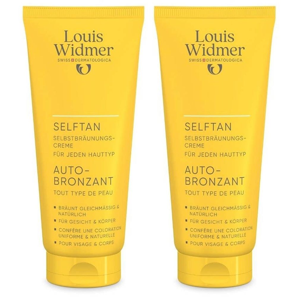 Twee gele tubes LOUIS WIDMER Auto-Bronzant. Opschrift: SelfTan, zelfbruinende crème, voor elk huidtype. Logo en productnaam.