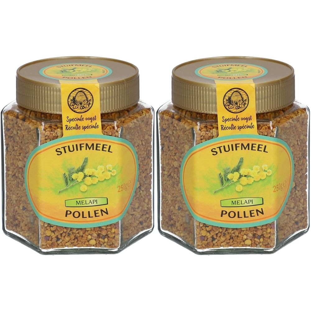 Twee potten stuifmeel. Zeshoekige potten met gouden deksels en etiketten. Opschrift: Stuifmeel, Pollen.